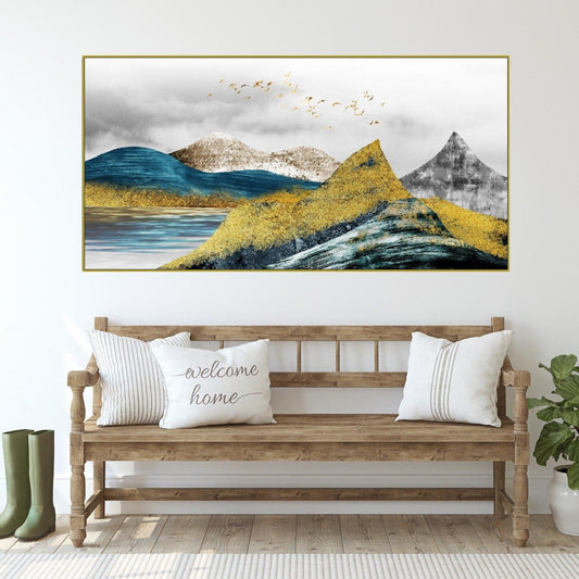 Goldene Berge gerahmte Wandkunst, druckbares Landschaftskunstwerk im Floater-Rahmen, großer blau-goldener Leinwanddruck, Wohnzimmer-Leinwandkunst