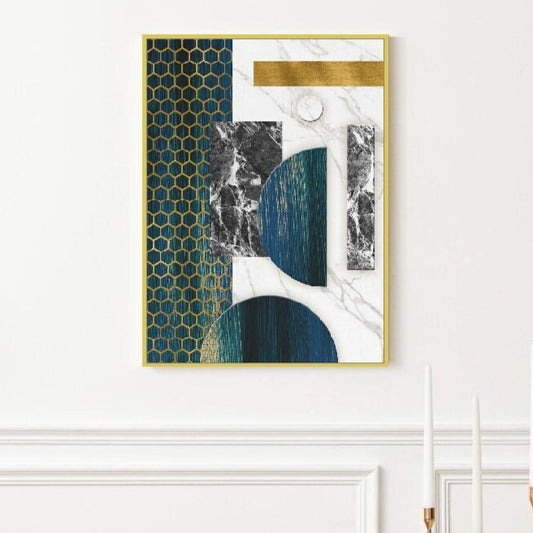 Geometrisches gerahmtes Kunstwerk, abstraktes modernes Floater-Rahmen-Wandbild, großes blau-goldenes druckbares Leinwandbild, Wanddekoration für Schlafzimmer