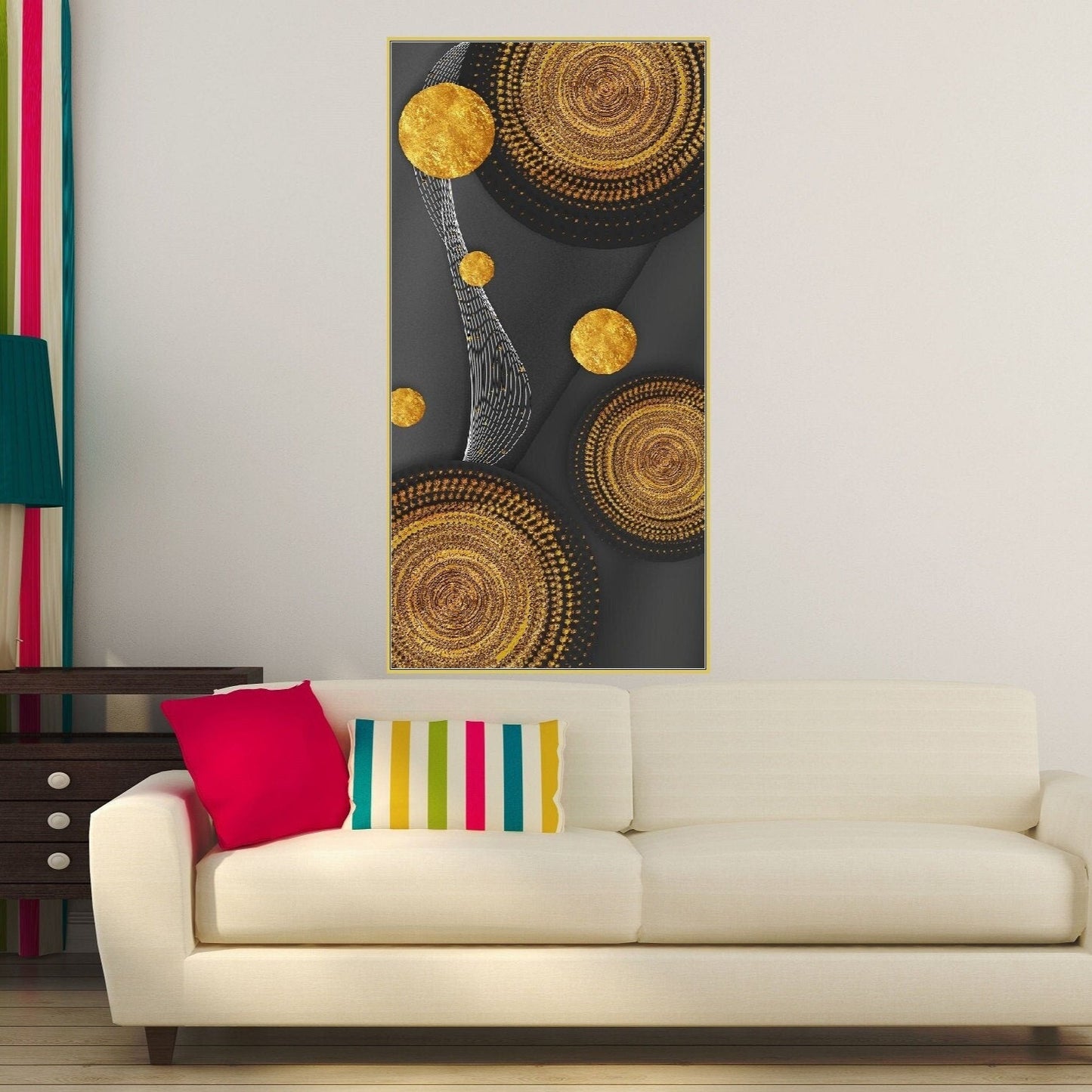 Abstraktes gerahmtes Leinwandbild mit Kreisen, geometrischer Floater-Rahmen zum Aufhängen, Wanddekoration, großes druckbares schwarz-gelbes Wandbild fürs Wohnzimmer