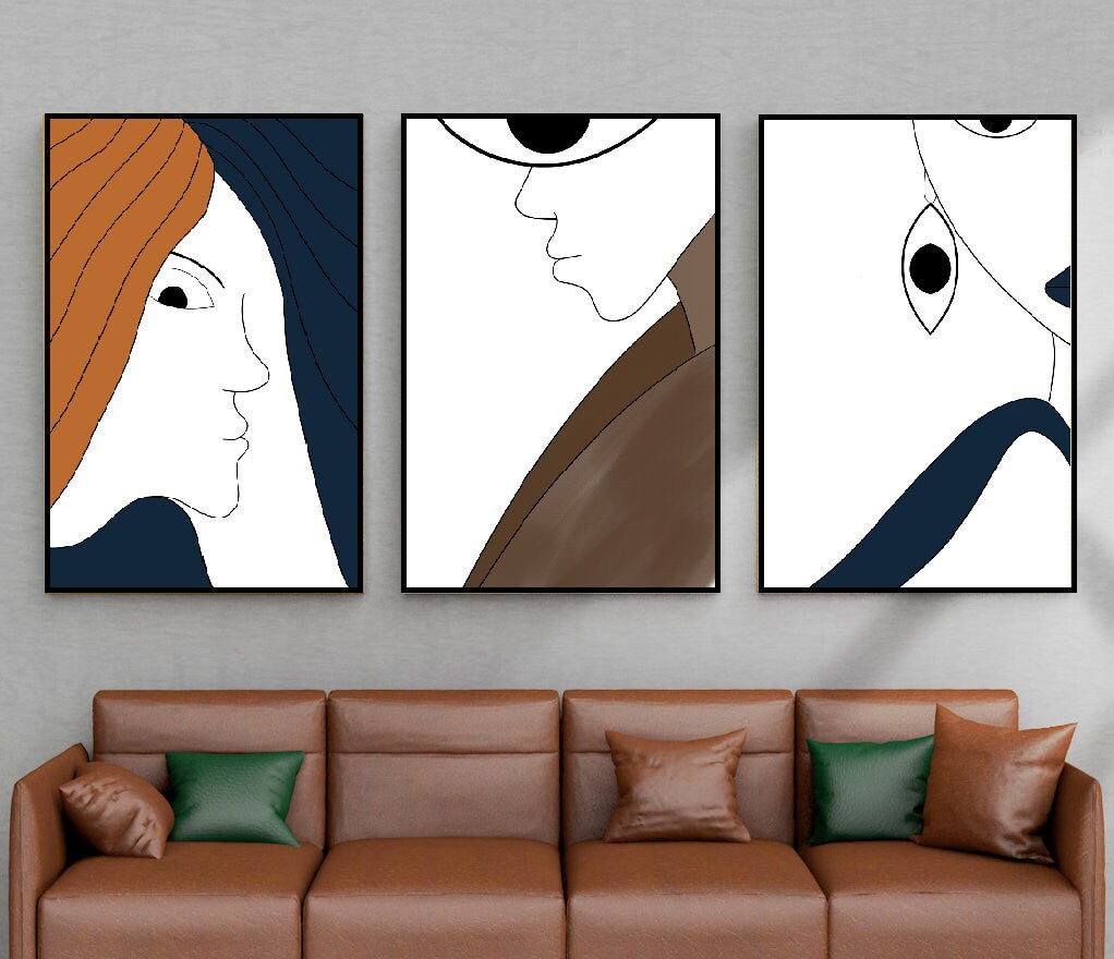 Abstraktes Floater-Rahmen-Set mit 3 Wandkunstwerken, gerahmte hängende Wanddekoration mit Gesichtern, Set mit drei modernen Leinwanddrucken, weiß-blaue Wandkunst