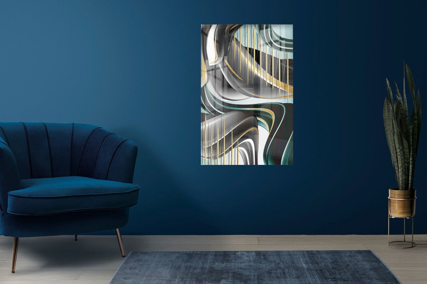 Großes abstraktes gerahmtes Wandbild, schwarz-goldener Leinwanddruck, druckbares Kunstwerk im Floater-Rahmen mit Wellen und Streifen, Wandbild fürs Wohnzimmer