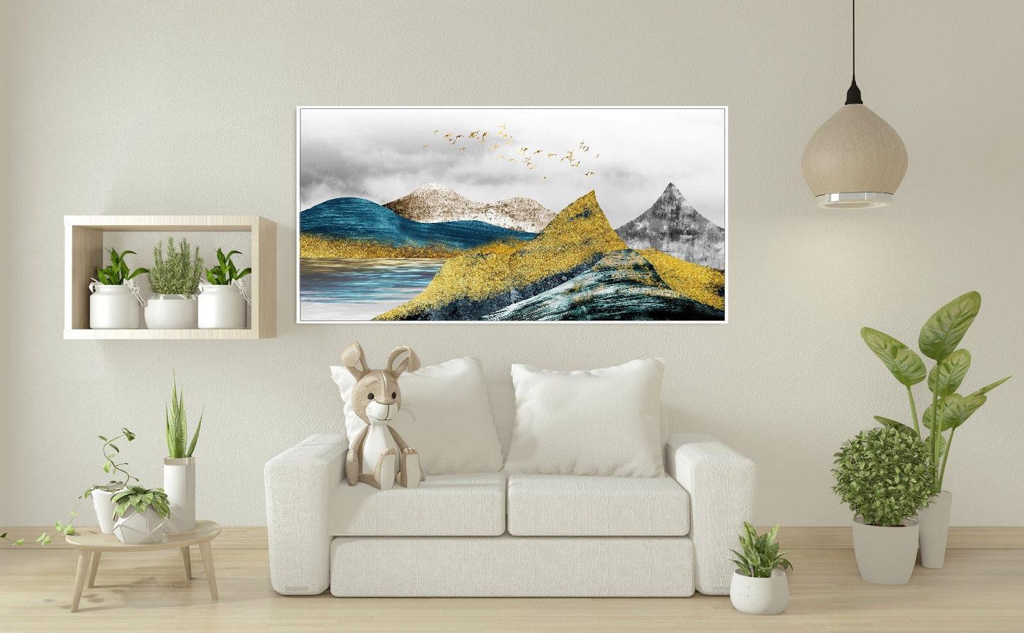 Goldene Berge gerahmte Wandkunst, druckbares Landschaftskunstwerk im Floater-Rahmen, großer blau-goldener Leinwanddruck, Wohnzimmer-Leinwandkunst