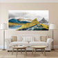 Goldene Berge gerahmte Wandkunst, druckbares Landschaftskunstwerk im Floater-Rahmen, großer blau-goldener Leinwanddruck, Wohnzimmer-Leinwandkunst