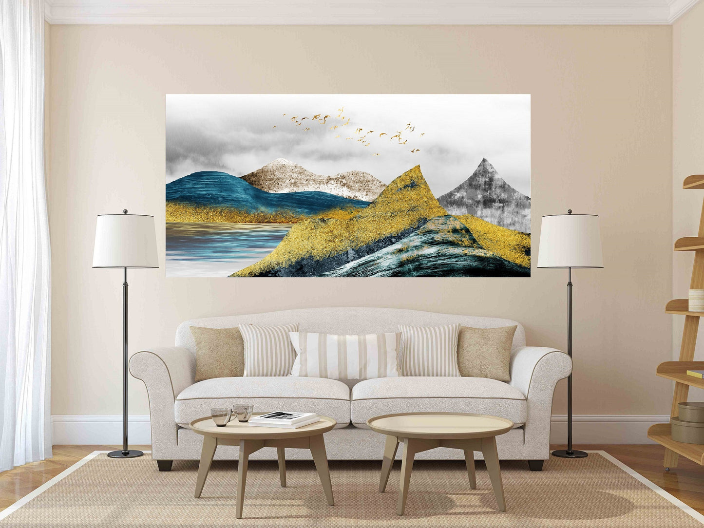 Goldene Berge gerahmte Wandkunst, druckbares Landschaftskunstwerk im Floater-Rahmen, großer blau-goldener Leinwanddruck, Wohnzimmer-Leinwandkunst