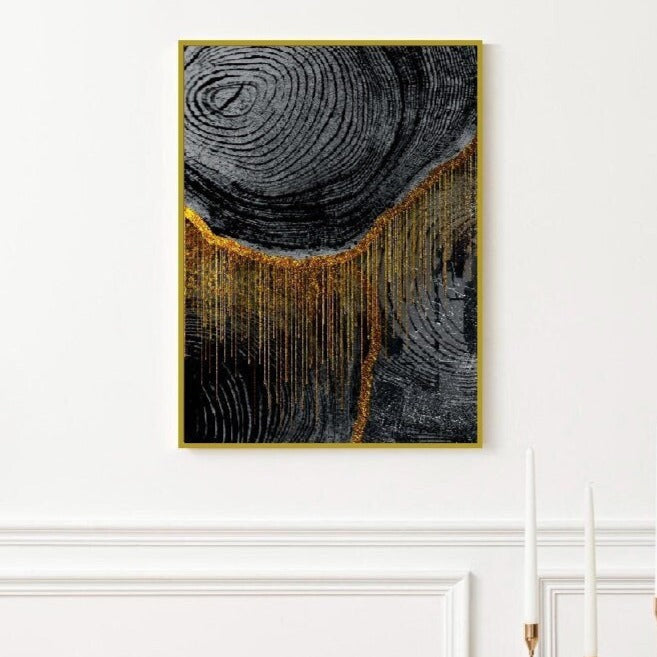 Extra große schwarz-goldene Wandkunst, abstraktes Floating-Frame-Kunstwerk, Kreise druckbare Leinwand-Wandkunst, dunkles Wohnzimmer-Wanddekor