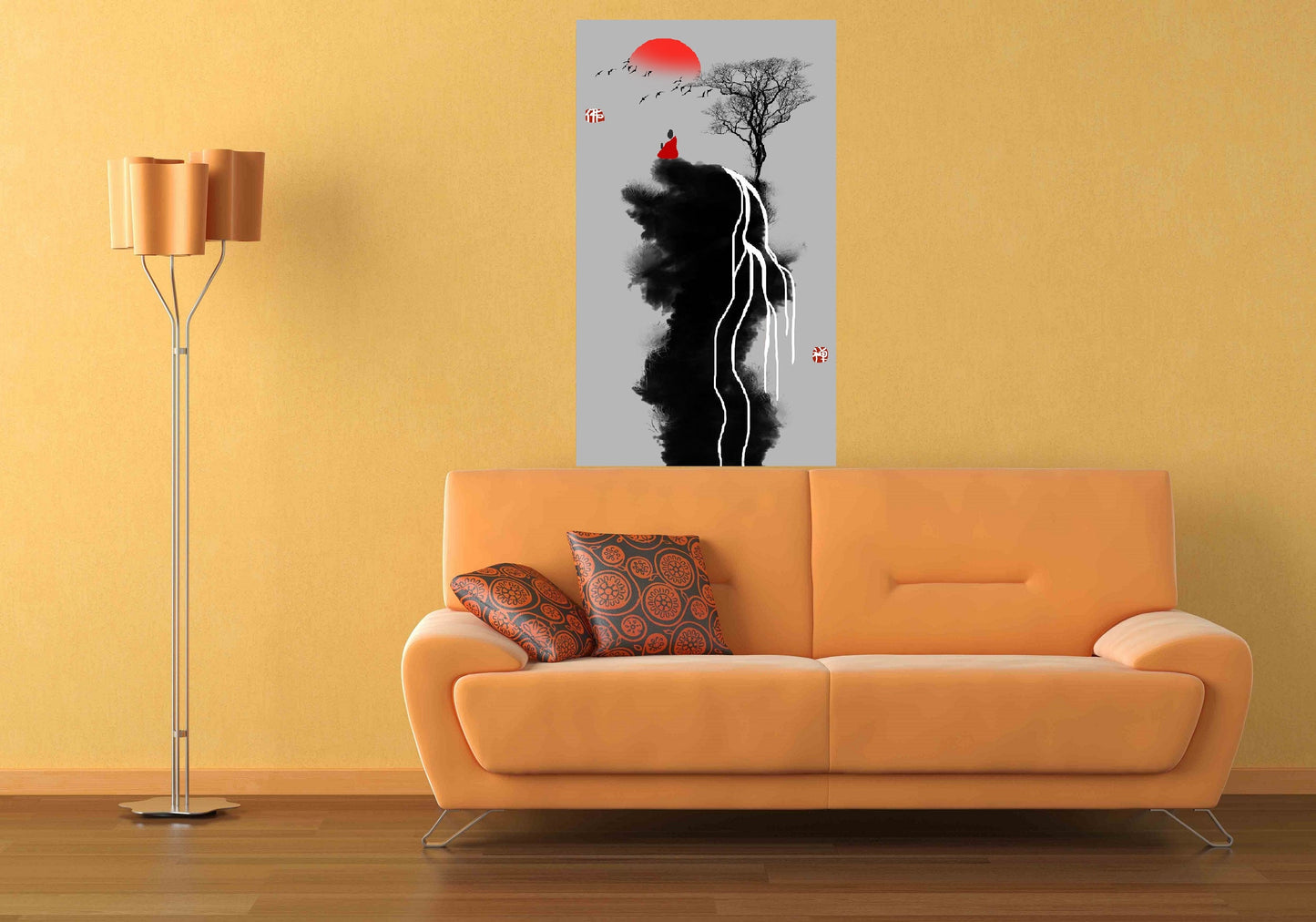 Abstrakte gerahmte Wandkunst, vertikaler Leinwanddruck, extra großer Floater-Rahmen zum Aufhängen an der Wand, druckbares Kunstwerk im asiatischen Stil für das Wohnzimmer