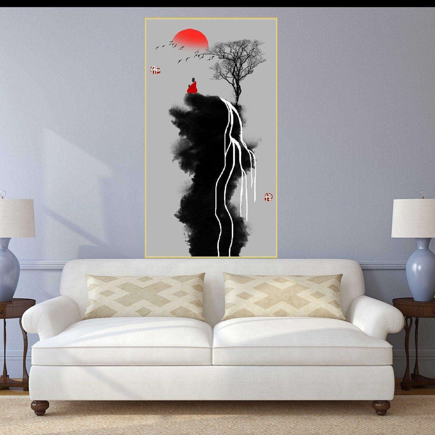 Abstrakte gerahmte Wandkunst, vertikaler Leinwanddruck, extra großer Floater-Rahmen zum Aufhängen an der Wand, druckbares Kunstwerk im asiatischen Stil für das Wohnzimmer