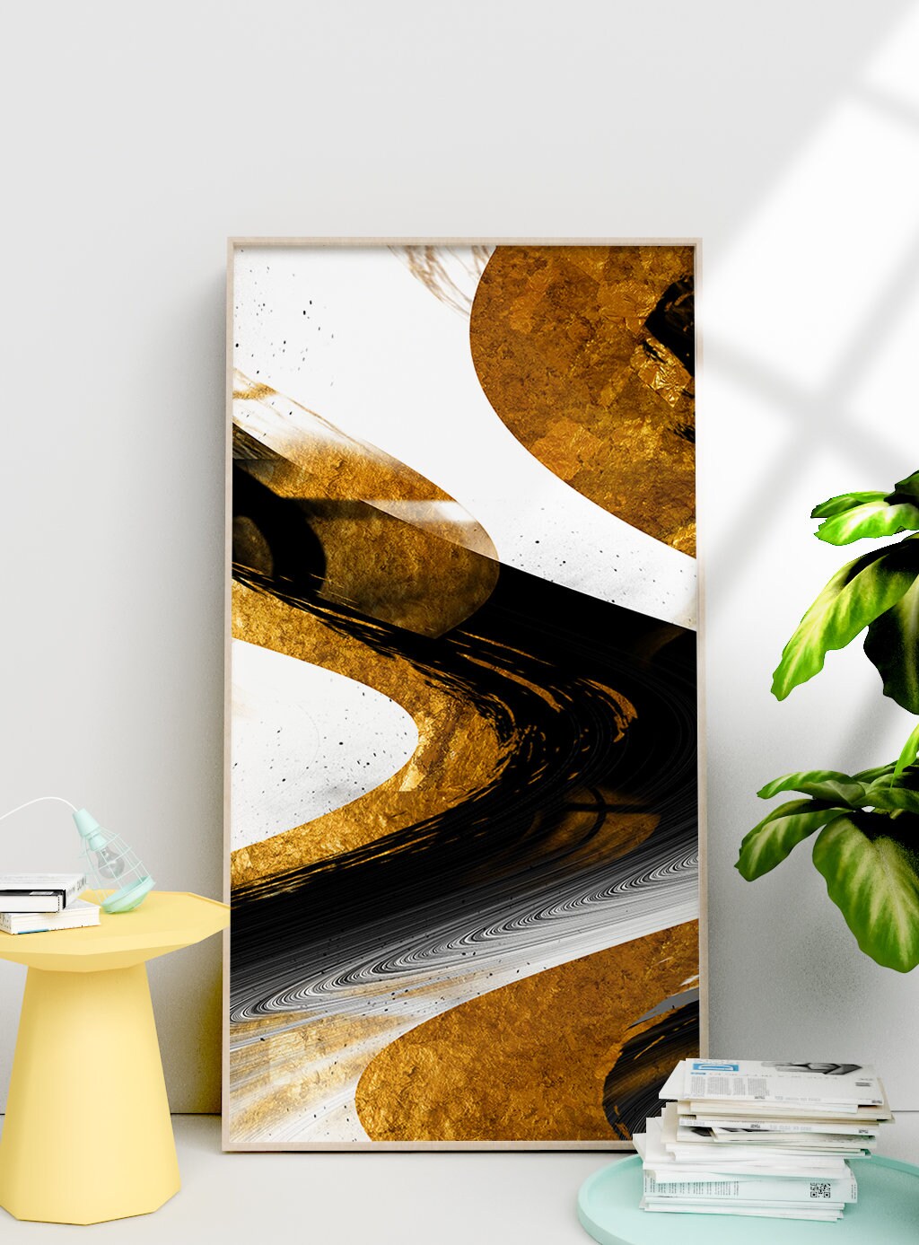 Abstraktes Wandbild im Floating-Rahmen, extra großes Kunstwerk in Schwarz und Gold, modernes Wanddekor zum Aufhängen, druckbare gerahmte Wandkunst für das Wohnzimmer