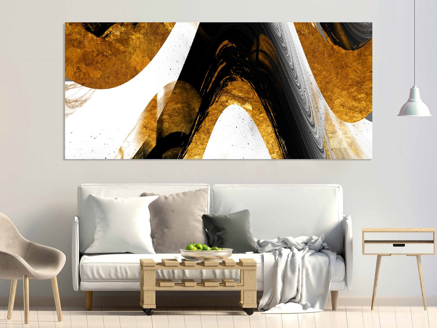 Abstraktes Wandbild im Floating-Rahmen, extra großes Kunstwerk in Schwarz und Gold, modernes Wanddekor zum Aufhängen, druckbare gerahmte Wandkunst für das Wohnzimmer