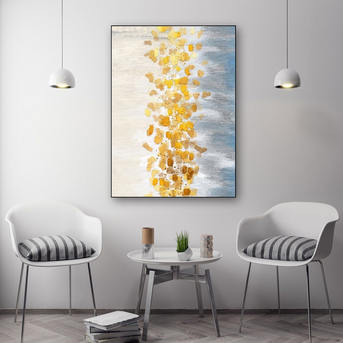 Abstrakte Leinwandkunst im Floater-Rahmen, extra großes blau-goldenes Wanddekor zum Aufhängen, moderne gerahmte druckbare Leinwandkunst fürs Wohnzimmer