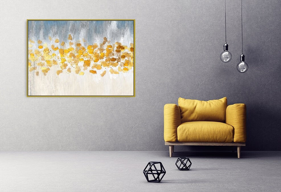 Abstrakte Leinwandkunst im Floater-Rahmen, extra großes blau-goldenes Wanddekor zum Aufhängen, moderne gerahmte druckbare Leinwandkunst fürs Wohnzimmer