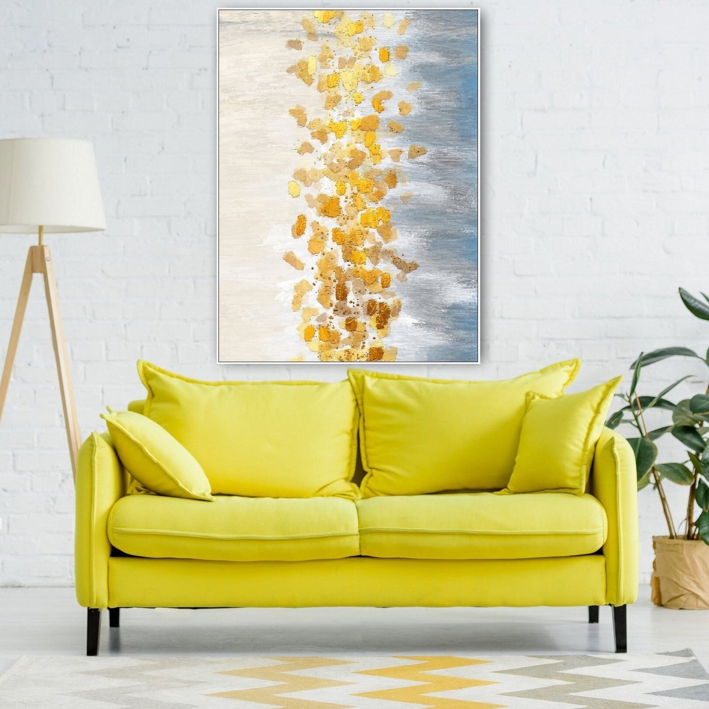 Abstrakte Leinwandkunst im Floater-Rahmen, extra großes blau-goldenes Wanddekor zum Aufhängen, moderne gerahmte druckbare Leinwandkunst fürs Wohnzimmer