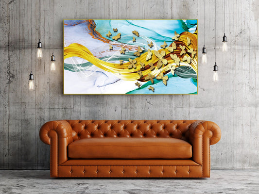 Großes Schmetterlings-Wandbild, abstraktes Kunstwerk im Floater-Rahmen, goldener Schmetterlings-Leinwanddruck, gerahmtes Wohnzimmer-Wandbild, farbenfrohes Kunstwerk