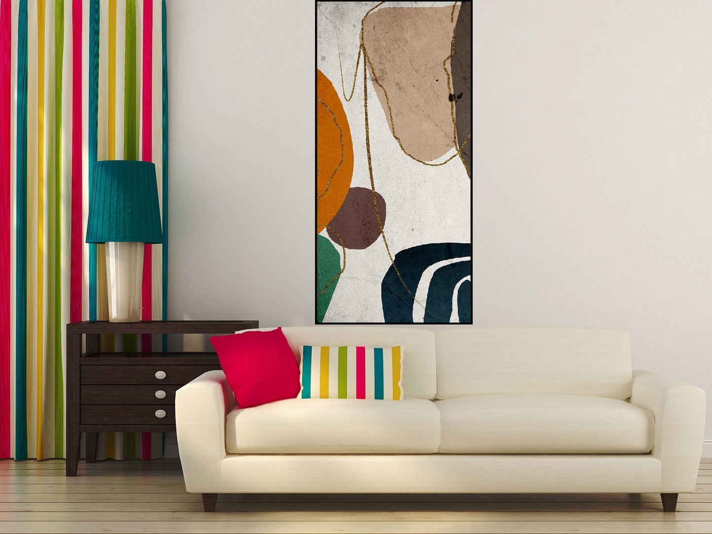 Abstrakte gerahmte Leinwand-Wandkunst, farbenfrohes vertikales Gemälde im Floater-Rahmen, extra große gerahmte Wandkunst für das Wohnzimmer, modernes abstraktes Kunstwerk