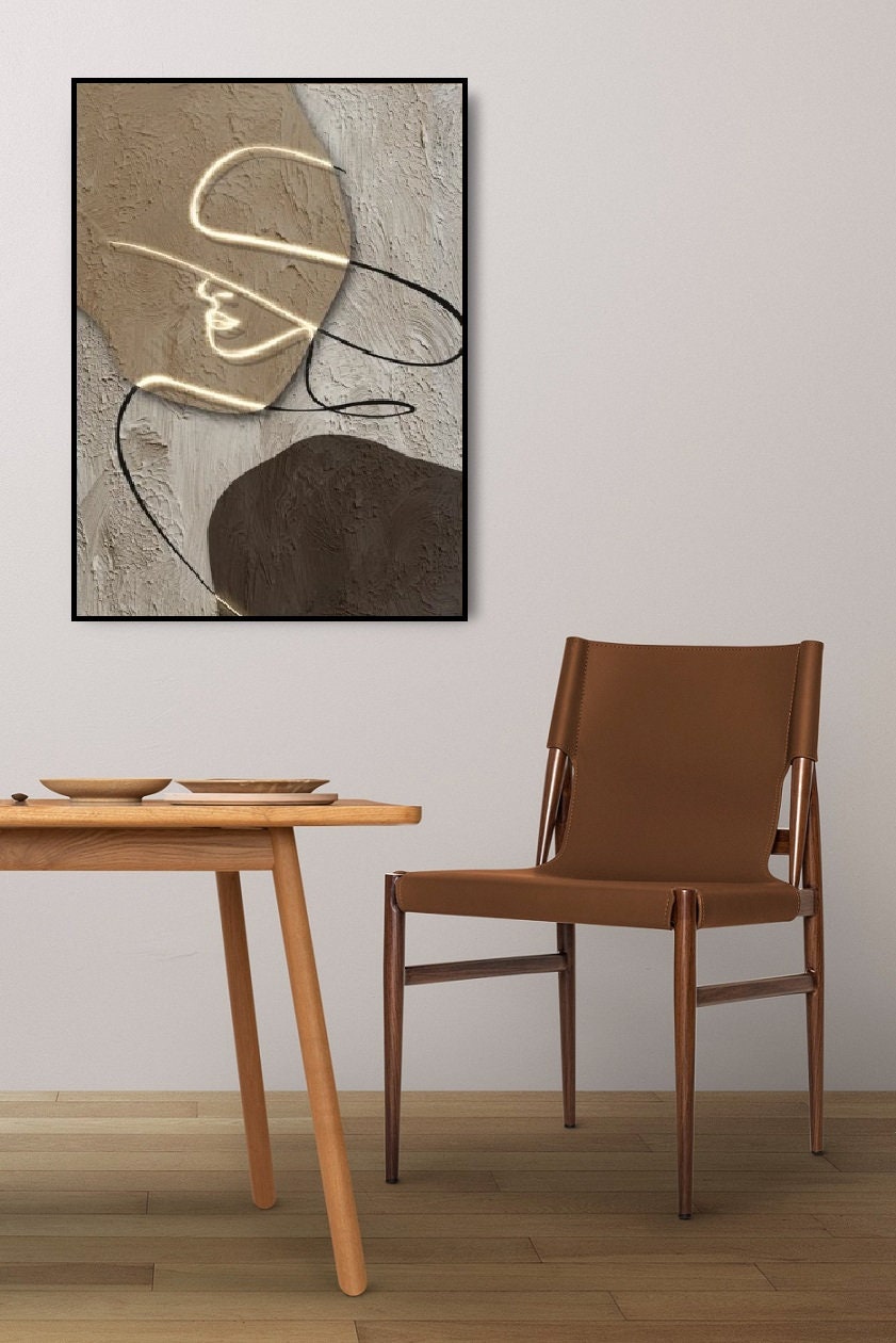 Große einzeilige Wandkunst, abstrakter Leinwanddruck mit schwebendem Rahmen, graubraune Wanddekoration zum Aufhängen, modisches vertikales Kunstwerk, Wandkunst für Wohnzimmer