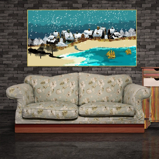 Extra großes druckbares gerahmtes Leinwandbild mit verschneitem Dorf, blaues Wandbild im Floater-Rahmen, Winter-Wanddekor, Bauernhaus-Leinwanddruck