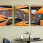 Dreier-Set großer gerahmter Leinwandbilder, abstrakte Wandkunst mit schwebendem Vogelrahmen, druckbare schwarz-orange Wanddekoration fürs Schlafzimmer