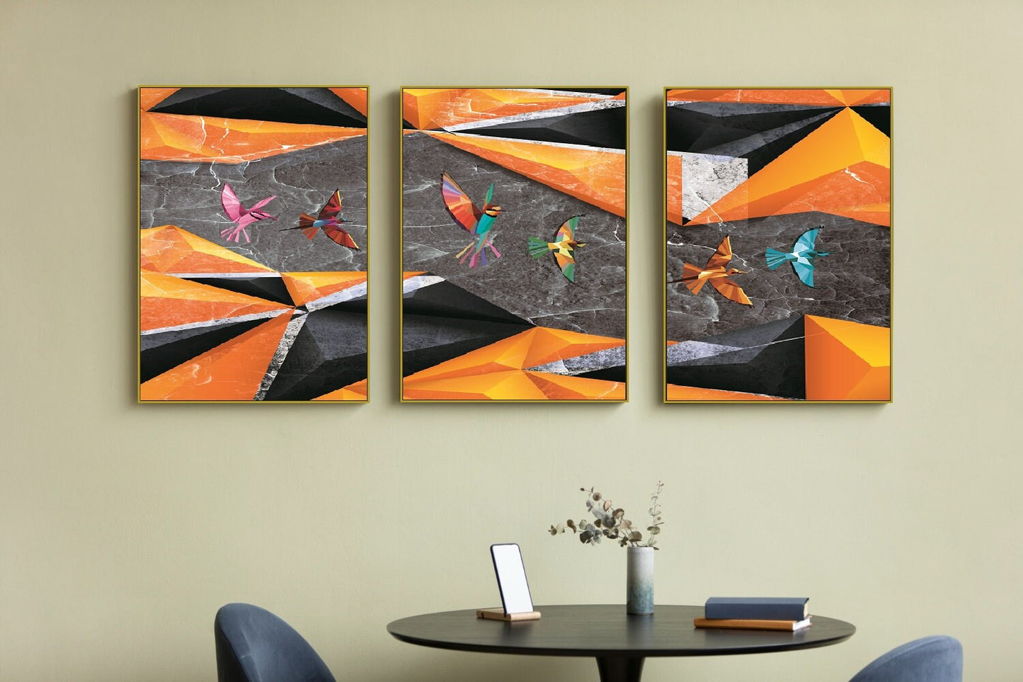 Dreier-Set großer gerahmter Leinwandbilder, abstrakte Wandkunst mit schwebendem Vogelrahmen, druckbare schwarz-orange Wanddekoration fürs Schlafzimmer