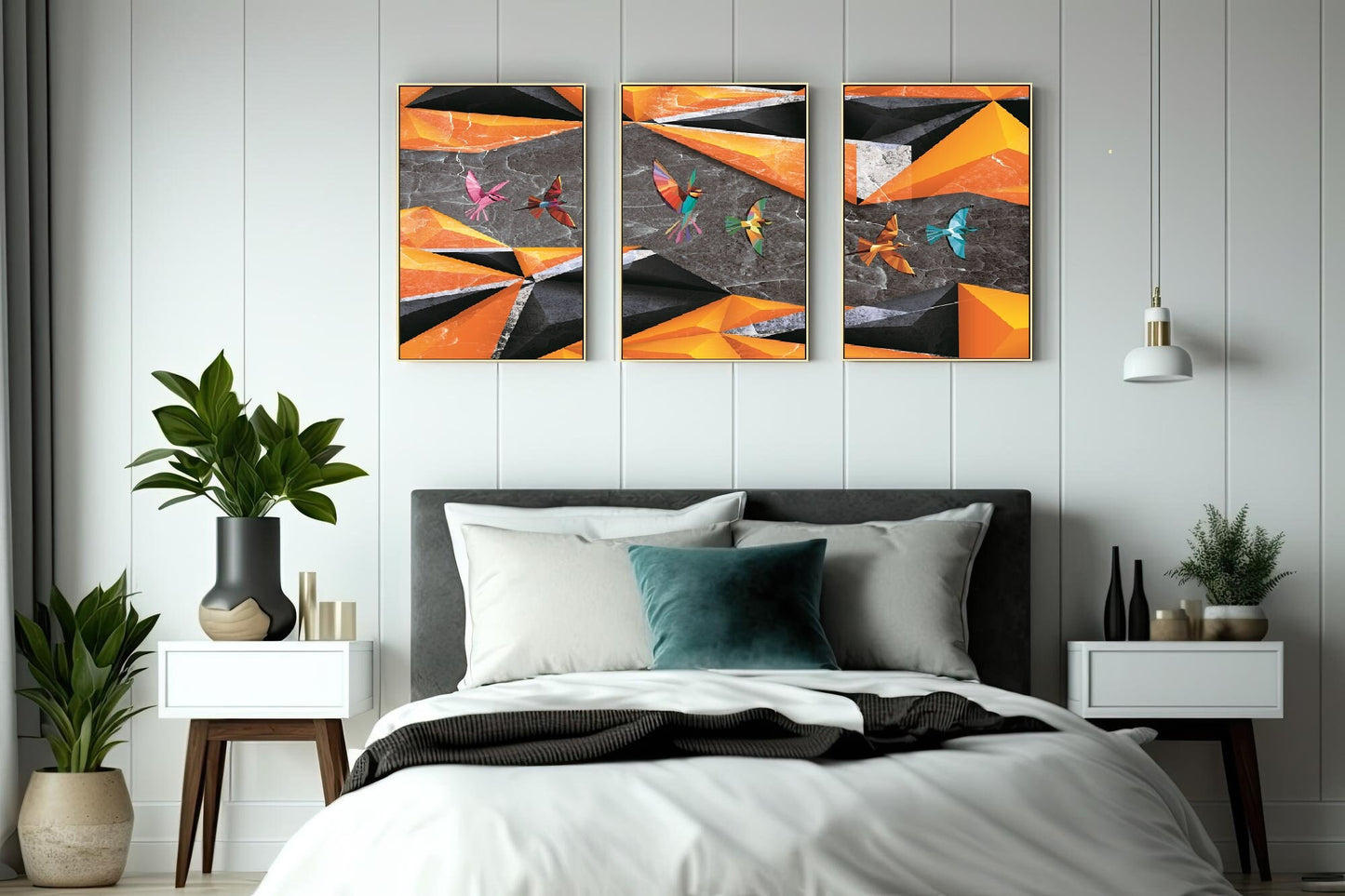 Dreier-Set großer gerahmter Leinwandbilder, abstrakte Wandkunst mit schwebendem Vogelrahmen, druckbare schwarz-orange Wanddekoration fürs Schlafzimmer