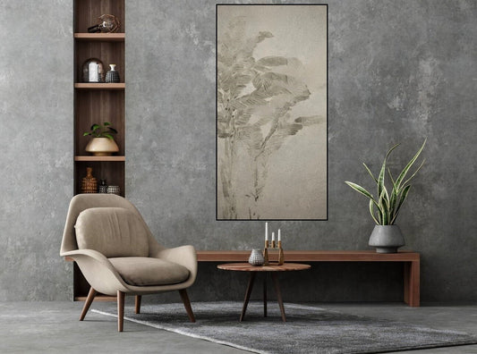 Großes graues Wandbild, gerahmter botanischer Leinwanddruck, schwebender Rahmen zum Aufhängen an der Wand, vertikale Wandkunst für Wohnzimmer, Kunstwerk für Schlafzimmer