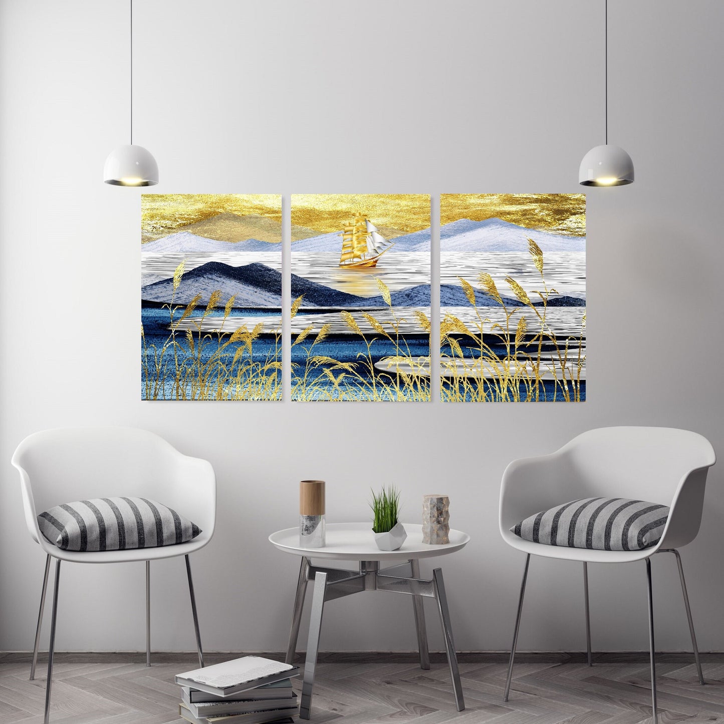 Großes 3er-Set Wandkunst im Floater-Rahmen, druckbares Landschaftskunstwerk, blau-gold gerahmter Leinwanddruck, dreiteiliges Kunstwerk im maritimen Wohnzimmer