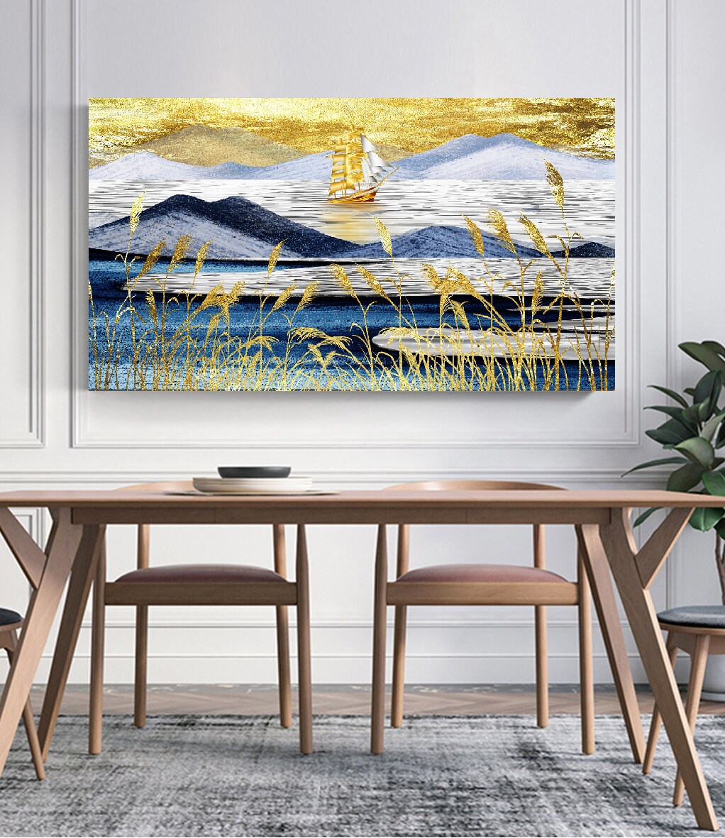 Extra großes Natur-Wandbild, blau-goldener Leinwanddruck mit schwebendem Rahmen, druckbares Landschaftsbild, Wanddekoration mit Bergmotiv, maritime Wandkunst