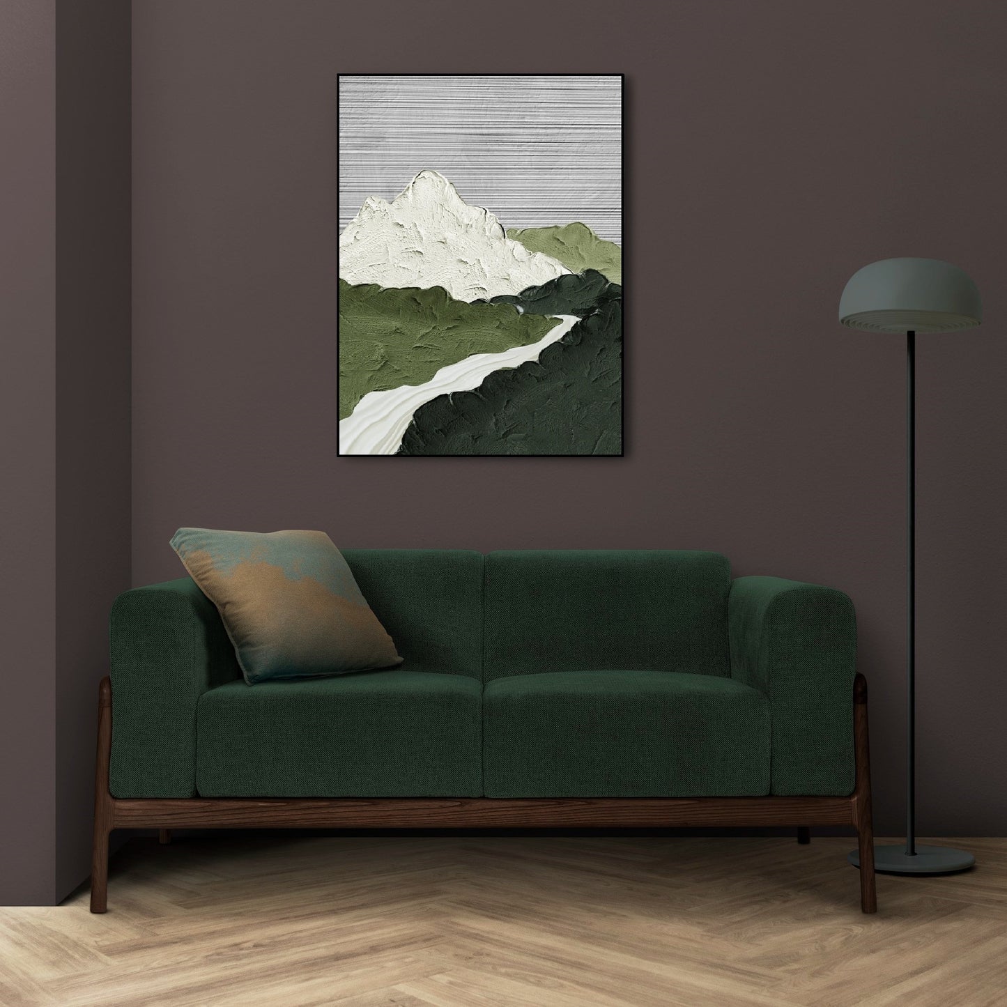 Großes Ölgemälde auf Leinwand, schwebender Rahmen, Berge, Wandkunst, abstrakte Landschaft, hängende Wanddekoration, grün-graues Wohnzimmer-Kunstwerk