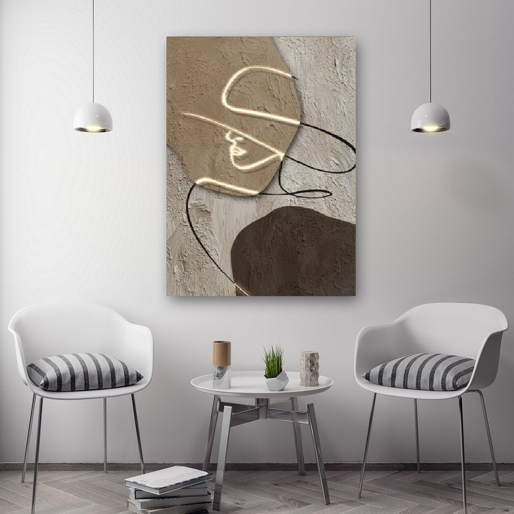 Große einzeilige Wandkunst, abstrakter Leinwanddruck mit schwebendem Rahmen, graubraune Wanddekoration zum Aufhängen, modisches vertikales Kunstwerk, Wandkunst für Wohnzimmer