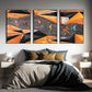 Dreier-Set großer gerahmter Leinwandbilder, abstrakte Wandkunst mit schwebendem Vogelrahmen, druckbare schwarz-orange Wanddekoration fürs Schlafzimmer