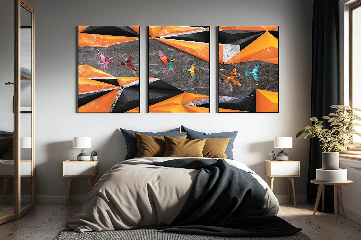 Dreier-Set großer gerahmter Leinwandbilder, abstrakte Wandkunst mit schwebendem Vogelrahmen, druckbare schwarz-orange Wanddekoration fürs Schlafzimmer