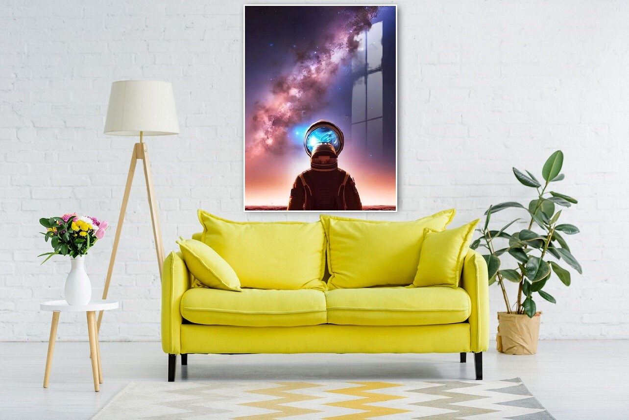 Großes Astronauten-Wandbild, Fantasy-Wandbild im Floater-Rahmen, farbenfroher Weltraum-Leinwanddruck, modernes Wohnzimmer-Wandbild, Designer-Kunstwerk