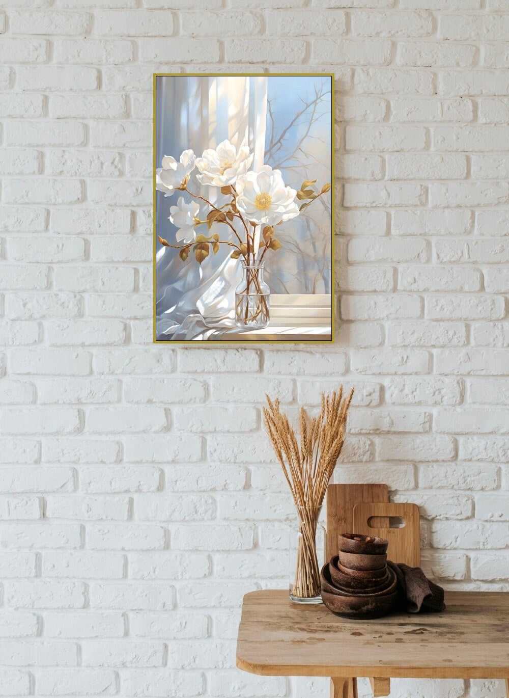 Florale gerahmte Wandkunst, großer weißer Blumen Leinwanddruck, botanisches schwebendes Rahmenkunstwerk, druckbare Aquarell-Wandkunst, Schlafzimmerkunstwerk