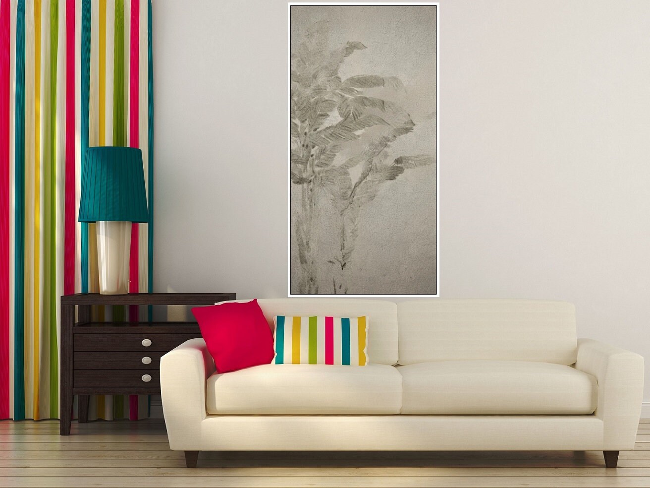 Großes graues Wandbild, gerahmter botanischer Leinwanddruck, schwebender Rahmen zum Aufhängen an der Wand, vertikale Wandkunst für Wohnzimmer, Kunstwerk für Schlafzimmer