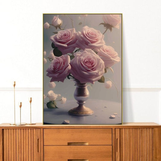 Großes florales druckbares Wandbild, Rosen-Kunstwerk im Floater-Rahmen, rosa Blumen Leinwanddruck, großes Boquete-Kunstwerk, hängende Schlafzimmer-Wanddekoration