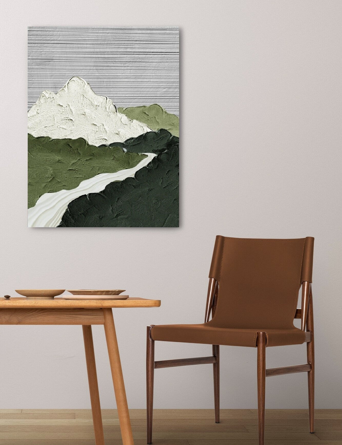 Großes Ölgemälde auf Leinwand, schwebender Rahmen, Berge, Wandkunst, abstrakte Landschaft, hängende Wanddekoration, grün-graues Wohnzimmer-Kunstwerk