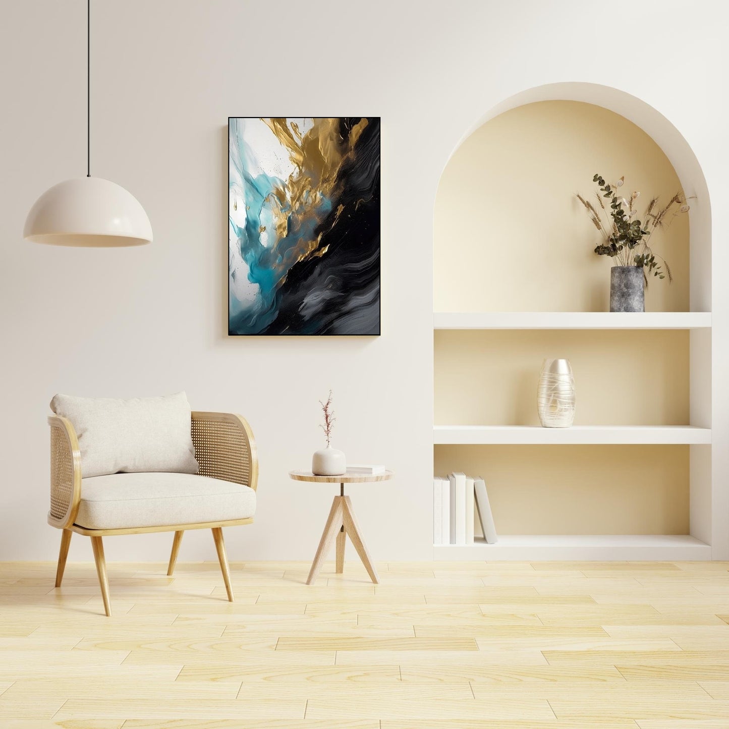 Abstrakte gerahmte Wandkunst, schwarz-goldene Wanddekoration, druckbares Floater-Rahmen-Kunstwerk, dunkle Schlafzimmer-Wandkunst, großer trendiger Leinwanddruck