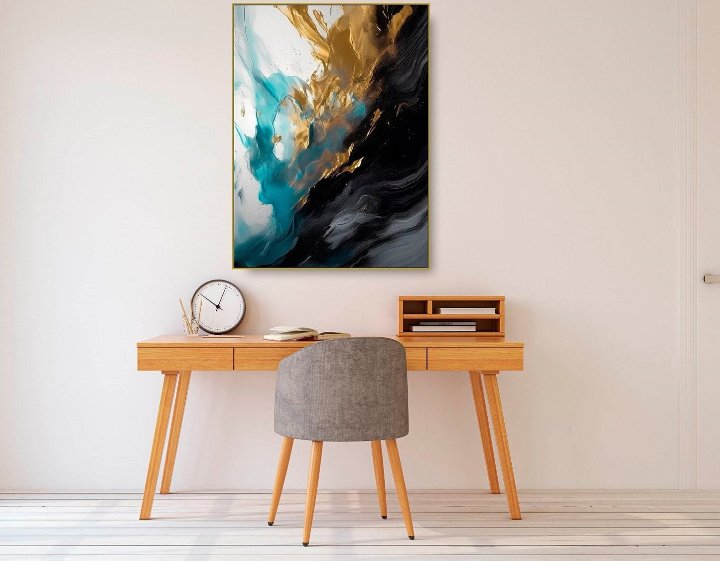 Abstrakte gerahmte Wandkunst, schwarz-goldene Wanddekoration, druckbares Floater-Rahmen-Kunstwerk, dunkle Schlafzimmer-Wandkunst, großer trendiger Leinwanddruck