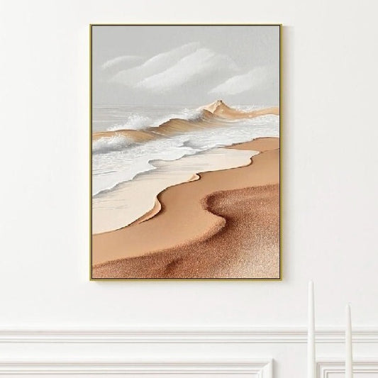 Großes Wellen-Wandbild, maritimes Kunstwerk im Floater-Rahmen, modernes Wanddekor mit Meereslandschaft, grau-beiger Leinwanddruck, druckbare maritime Wandkunst