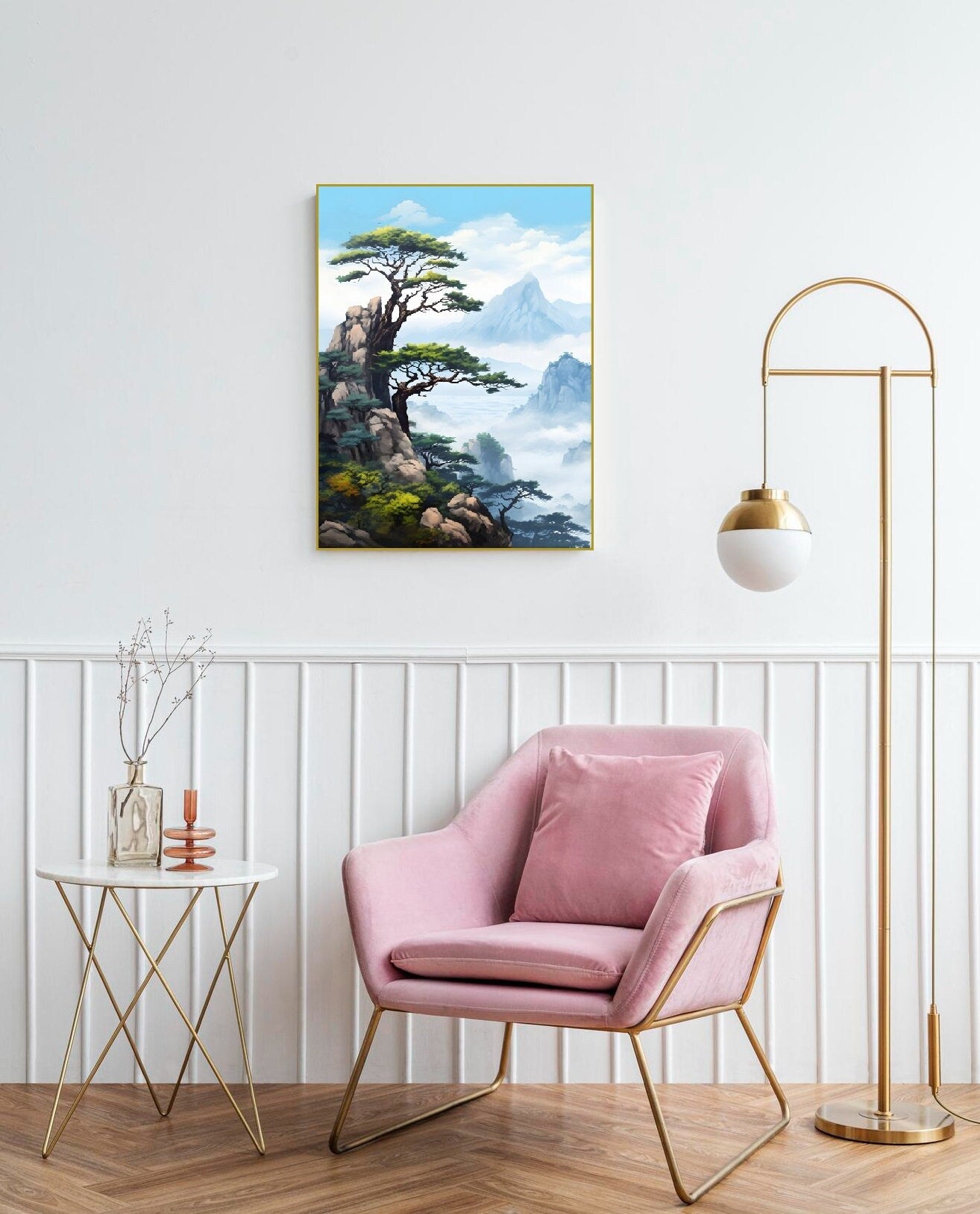 Natur druckbare Wandkunst, Berge Leinwanddruck, schwebender Rahmen Landschaftskunst, botanische Wandkunst, großer Baum Leinwanddruck für Schlafzimmer