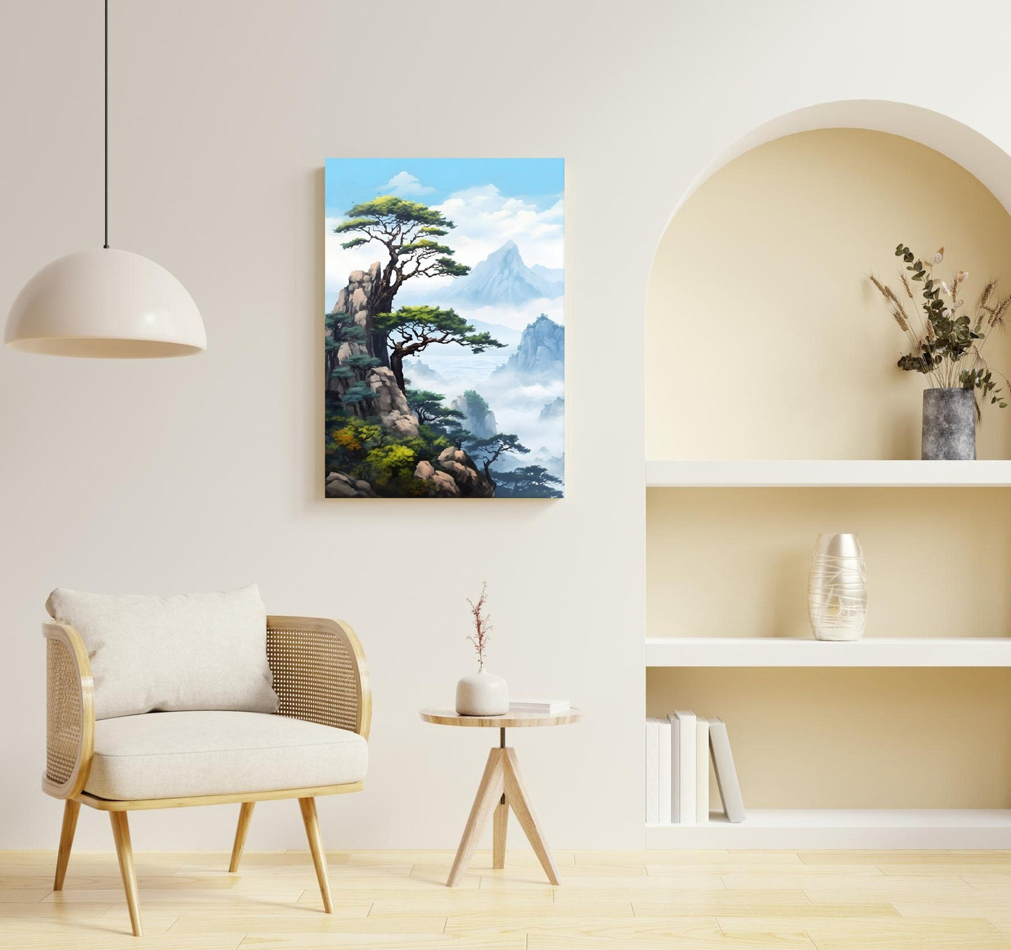 Natur druckbare Wandkunst, Berge Leinwanddruck, schwebender Rahmen Landschaftskunst, botanische Wandkunst, großer Baum Leinwanddruck für Schlafzimmer