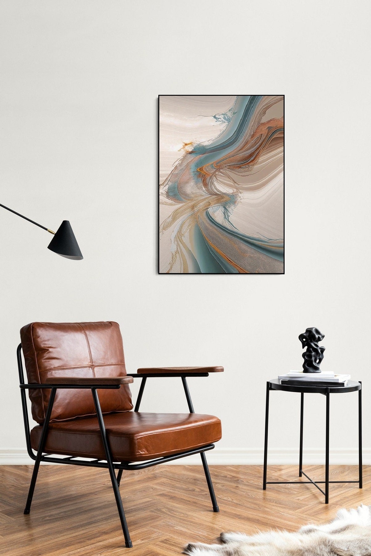 Großes abstraktes Wandbild, großes Wandbild im Float-Rahmen, blau-beiges Leinwandbild, zeitgenössisches gerahmtes Wandbild, minimalistisches Schlafzimmer-Kunstwerk