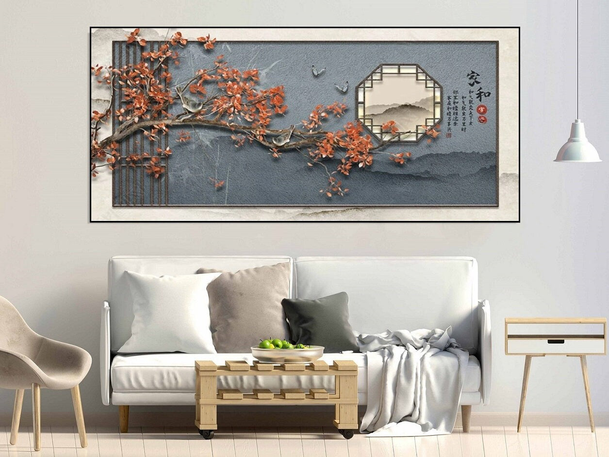 Großer japanischer Leinwanddruck, gerahmte asiatische Wandkunst, grau-weiße Wanddekoration, schwebendes Rahmenbild, druckbare Sakura-Wandkunst
