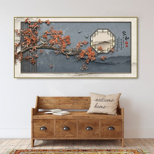 Großer japanischer Leinwanddruck, gerahmte asiatische Wandkunst, grau-weiße Wanddekoration, schwebendes Rahmenbild, druckbare Sakura-Wandkunst