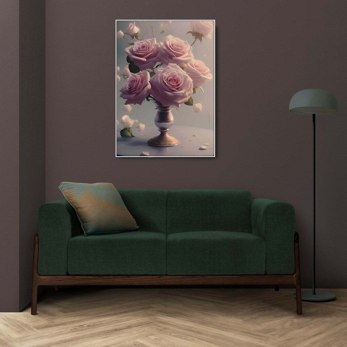 Großes florales druckbares Wandbild, Rosen-Kunstwerk im Floater-Rahmen, rosa Blumen Leinwanddruck, großes Boquete-Kunstwerk, hängende Schlafzimmer-Wanddekoration