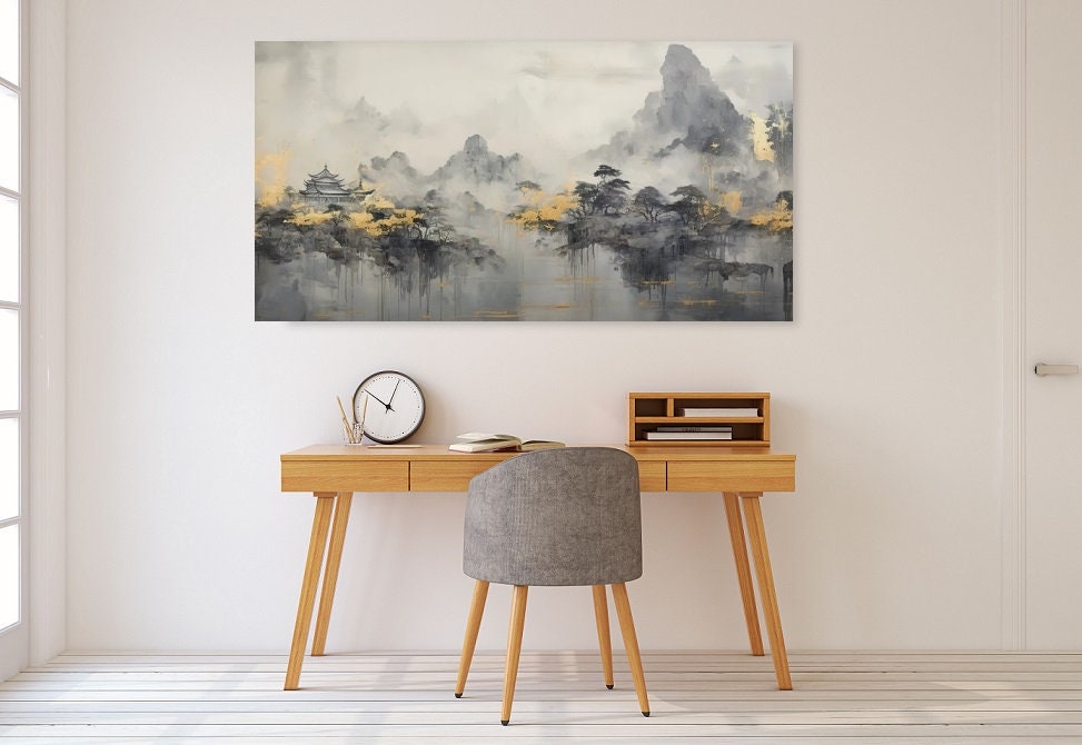 Rauchige Berge Wandkunst, schwebendes Landschaftsbild, nebliger Baum Leinwanddruck, japanische Wandkunst zum Aufhängen, großes graues Kunstwerk