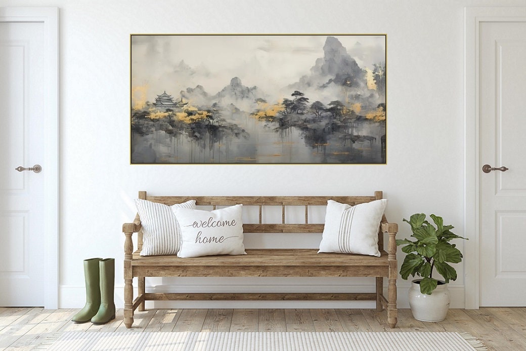 Rauchige Berge Wandkunst, schwebendes Landschaftsbild, nebliger Baum Leinwanddruck, japanische Wandkunst zum Aufhängen, großes graues Kunstwerk