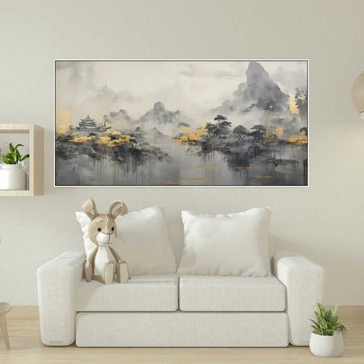 Rauchige Berge Wandkunst, schwebendes Landschaftsbild, nebliger Baum Leinwanddruck, japanische Wandkunst zum Aufhängen, großes graues Kunstwerk