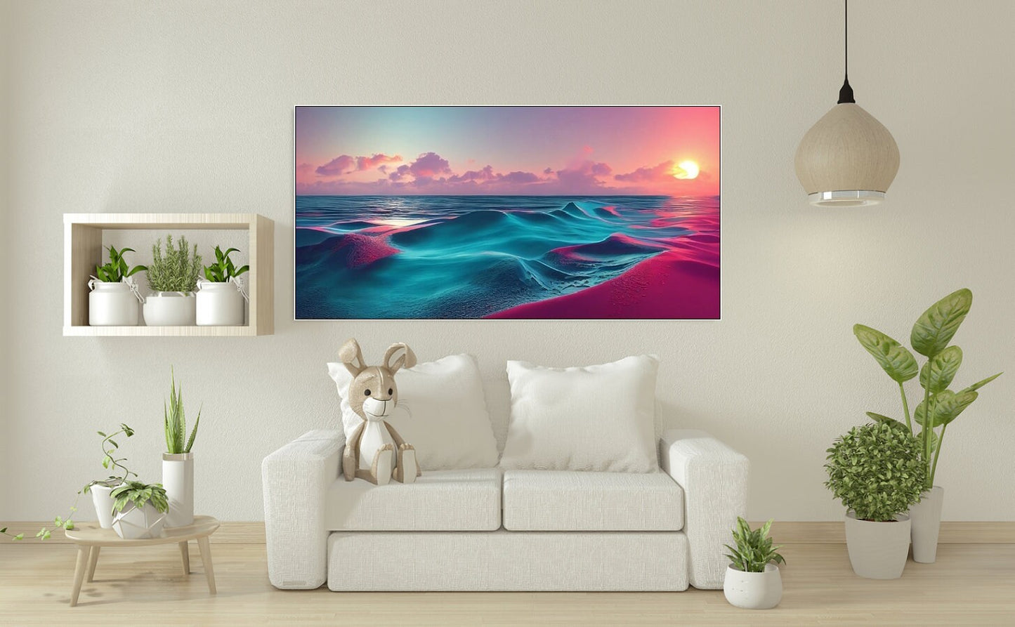 Großes Meeresbild, Wellen-Leinwanddruck, maritime Wandkunst im Floater-Rahmen, blau-rosa Kunstwerk, druckbares maritimes Bild fürs Wohnzimmer