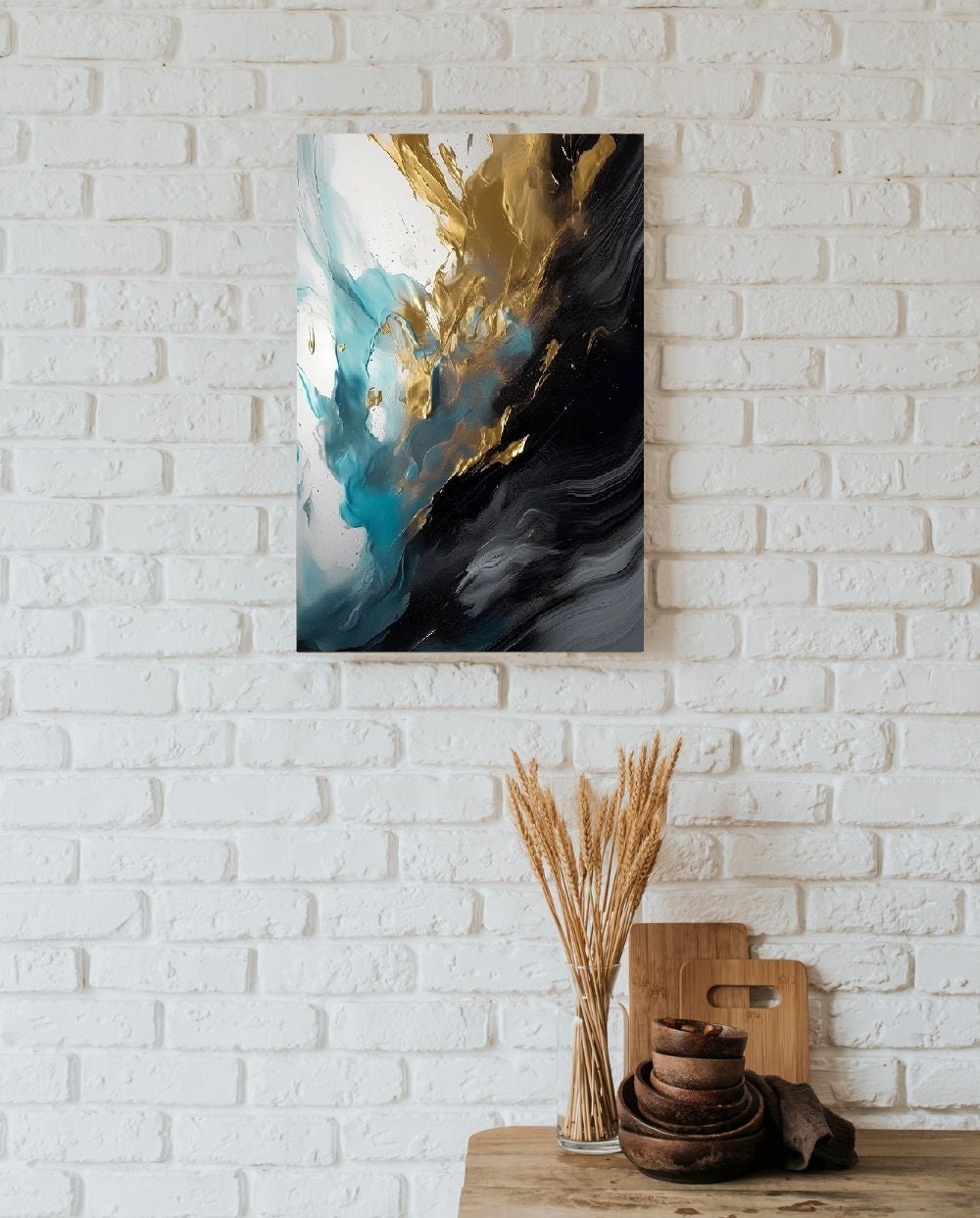 Abstrakte gerahmte Wandkunst, schwarz-goldene Wanddekoration, druckbares Floater-Rahmen-Kunstwerk, dunkle Schlafzimmer-Wandkunst, großer trendiger Leinwanddruck