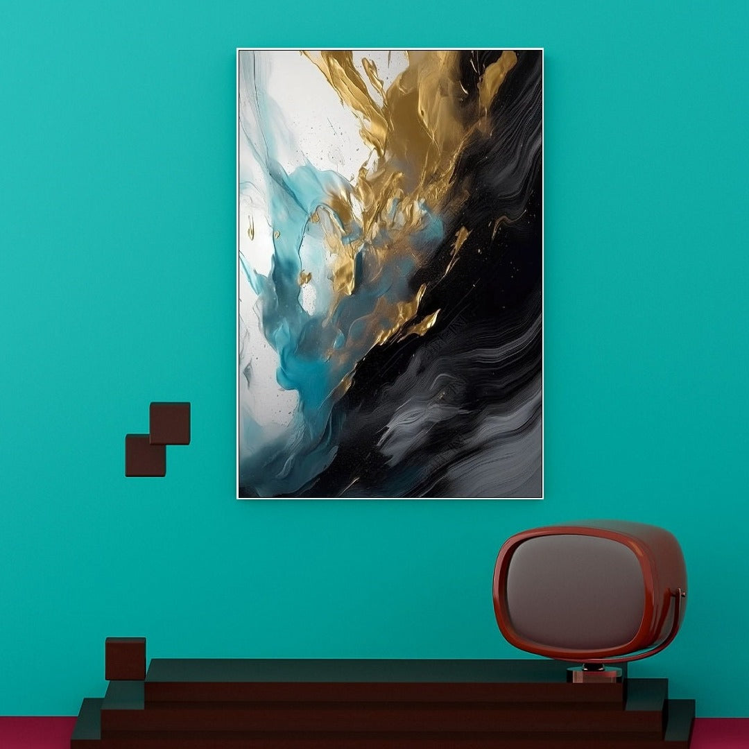 Abstrakte gerahmte Wandkunst, schwarz-goldene Wanddekoration, druckbares Floater-Rahmen-Kunstwerk, dunkle Schlafzimmer-Wandkunst, großer trendiger Leinwanddruck